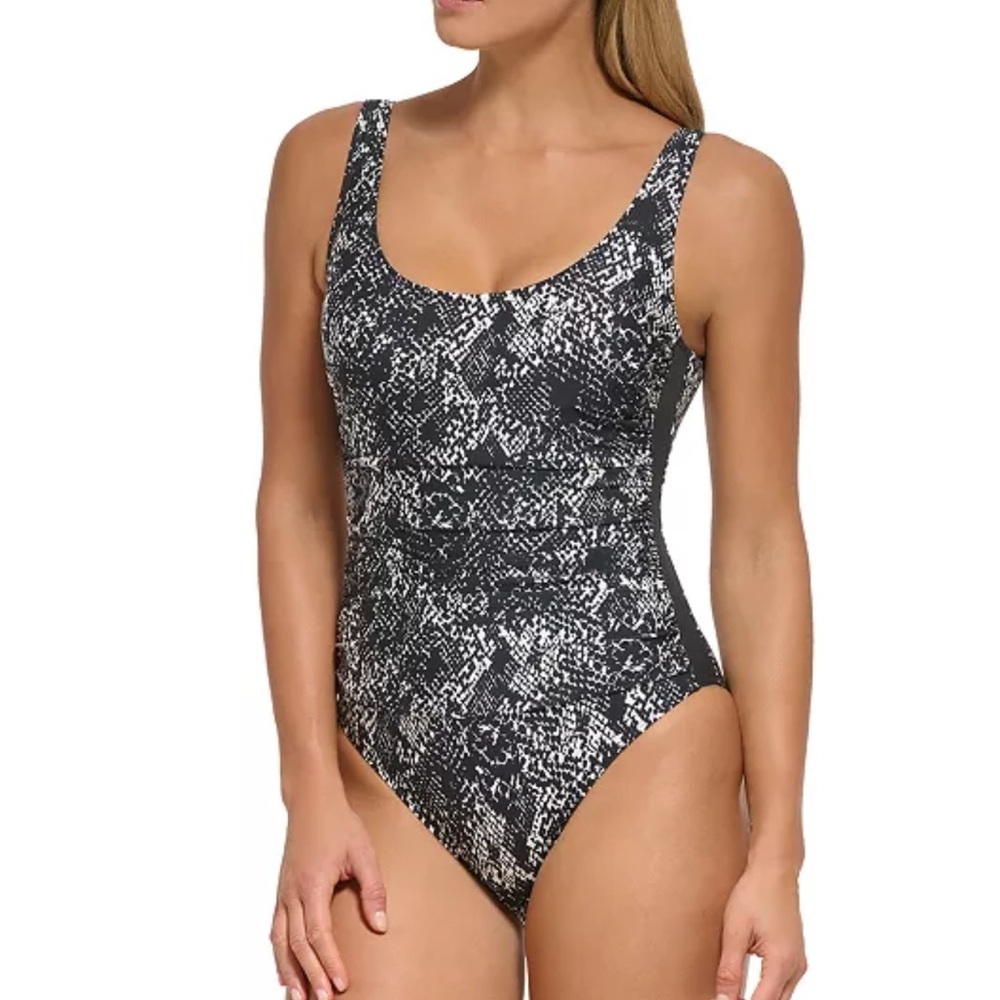 DKNY Snakeskin Print One Piece Swimsuit Ruched Mesh Black White Size 4